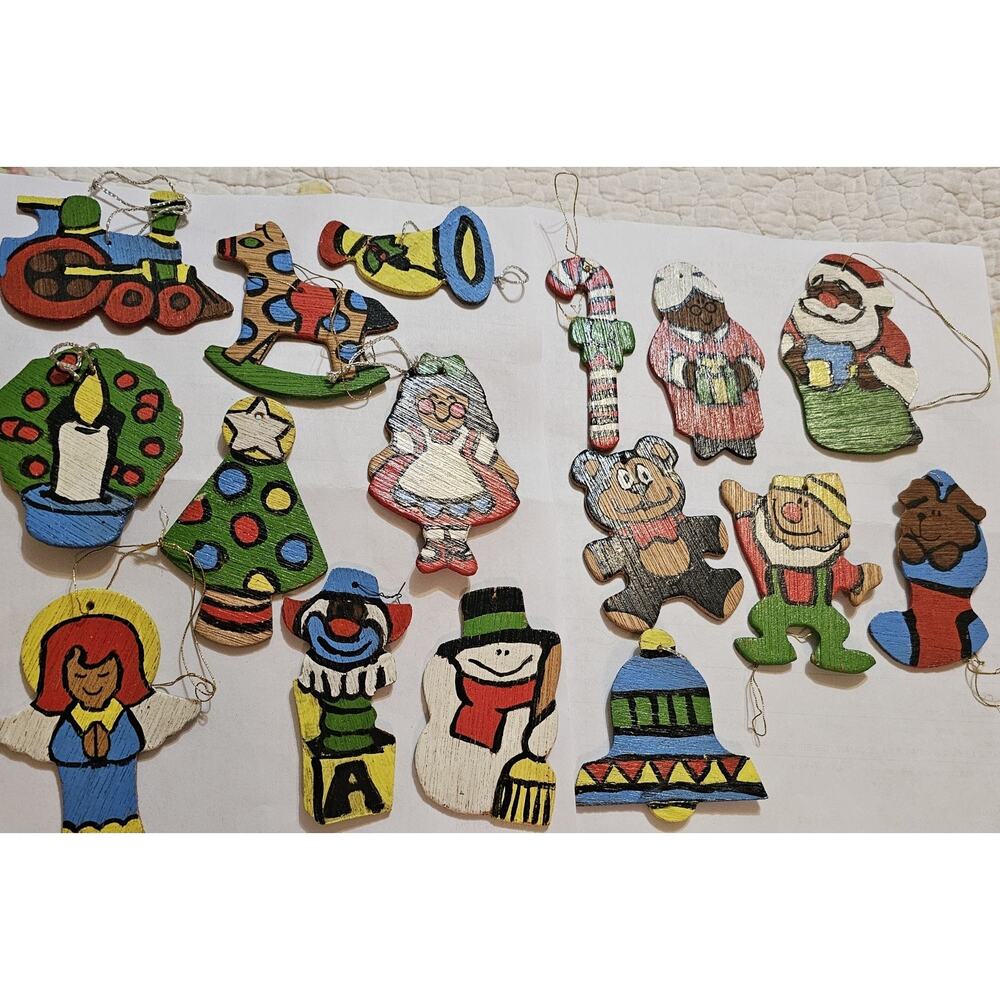 Hand Painted Flat Wooden Christmas Ornaments Vintage Lot Of 16 Two-sided...